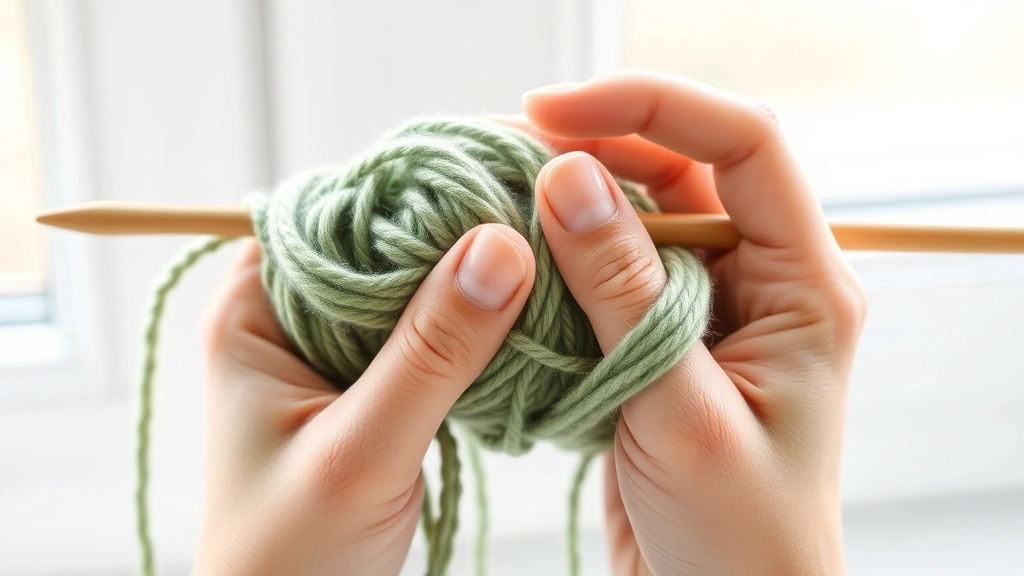 Close-up of hands demonstrating proper yarn tension grip, worsted weight sage green yarn wrapped around fingers, natural window lighting, clean white background, relaxed hand position visible