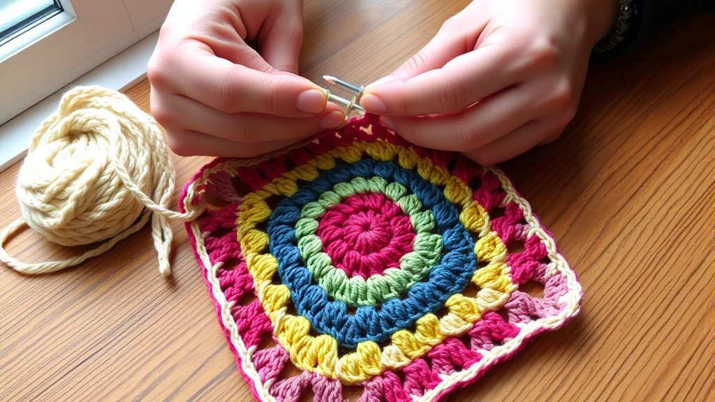 Hands crocheting colorful granny square with cream yarn, aluminum hook visible, natural window light, wooden table surface, partially completed square showing even corners and flat edges
