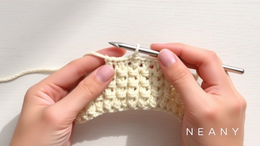 Side view of crochet hook creating single crochet stitches with perfect tension, cream colored yarn, hands positioned naturally, soft shadows on light wood surface, work in progress