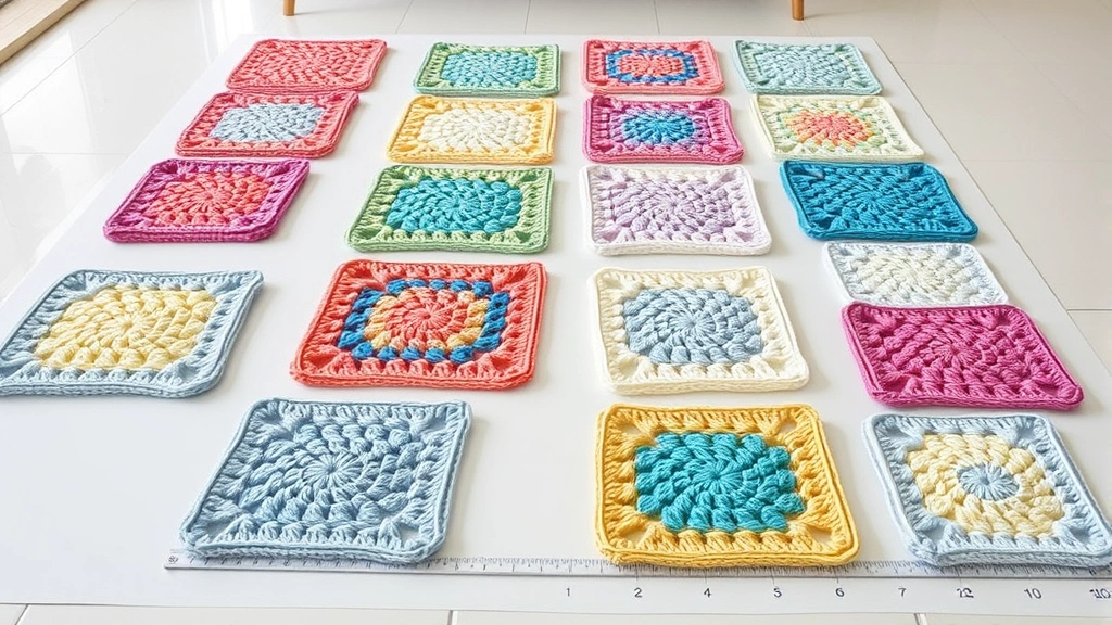 Collection of blocked granny squares in pastel colors laid flat on white blocking mats, measuring ruler visible, demonstrating uniform size and perfect corners, bright crafting room lighting