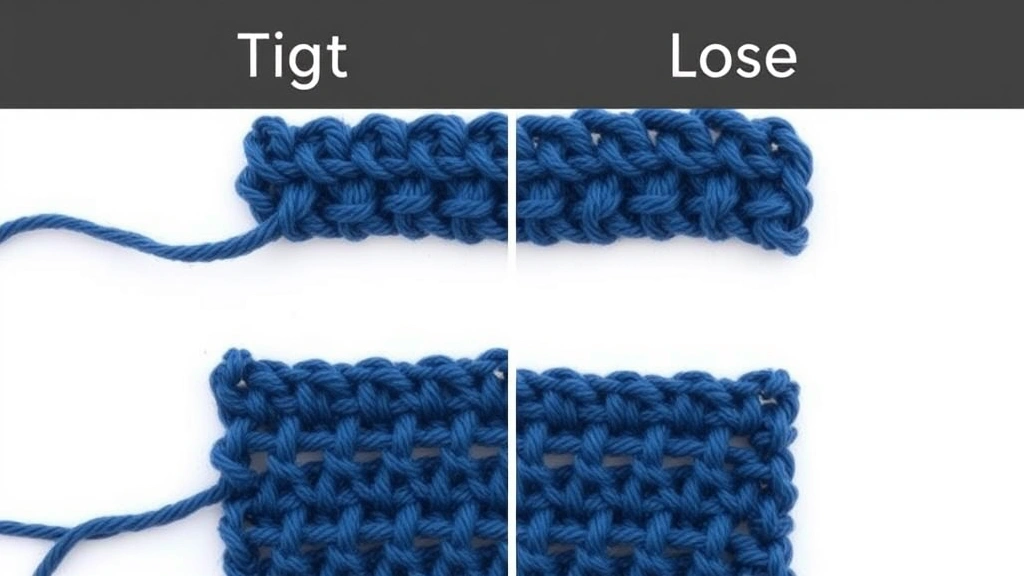 Comparison of tight versus loose crochet tension samples side by side, same stitch pattern in navy blue yarn, natural lighting, white background, clear stitch definition differences visible