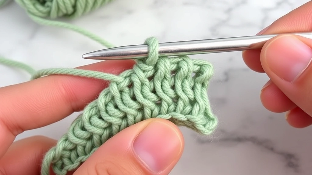 Close-up of crochet hook working corner chain space in sage green yarn, showing proper tension and stitch placement, soft natural lighting, marble countertop background, fingers guiding yarn