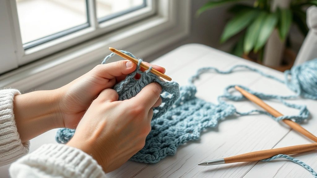 Close-up of hands crocheting single crochet stitches with blue-green variegated yarn, natural window light, white wooden table, hook and partially completed fabric visible, peaceful crafting scene