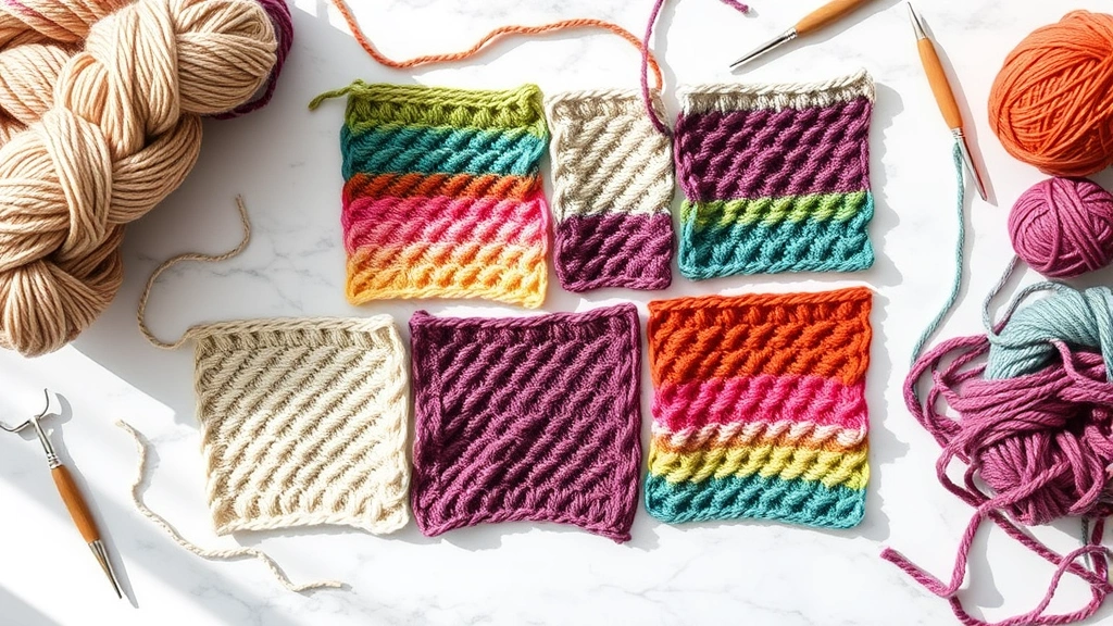 Overhead view of variegated yarn test swatches in different stitch patterns, various colorways arranged on marble surface, crochet hooks nearby, bright natural lighting, organized workspace