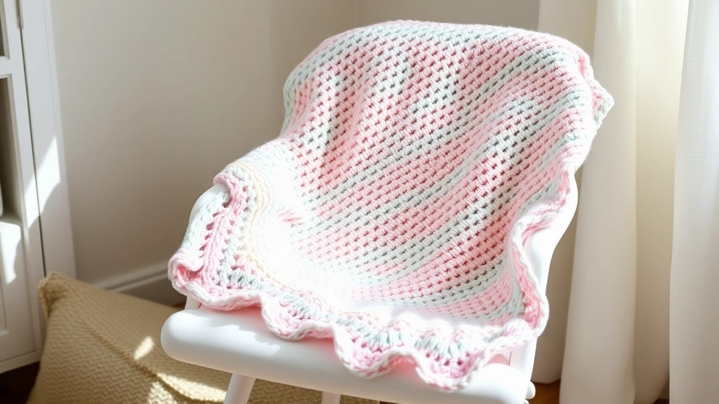 Finished baby blanket in soft pastel variegated yarn draped over white nursery chair, gentle morning light, simple half double crochet pattern showing color flow, cozy home interior