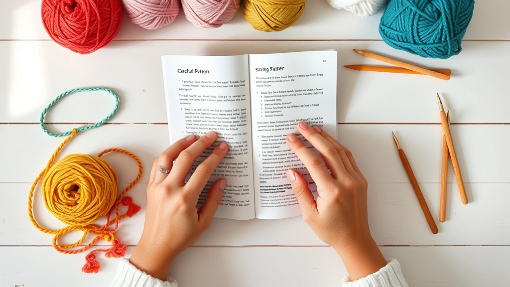 Overhead view of hands reading printed crochet pattern with colorful yarn skeins, bamboo hooks, and stitch markers arranged on white wooden table, soft natural lighting
