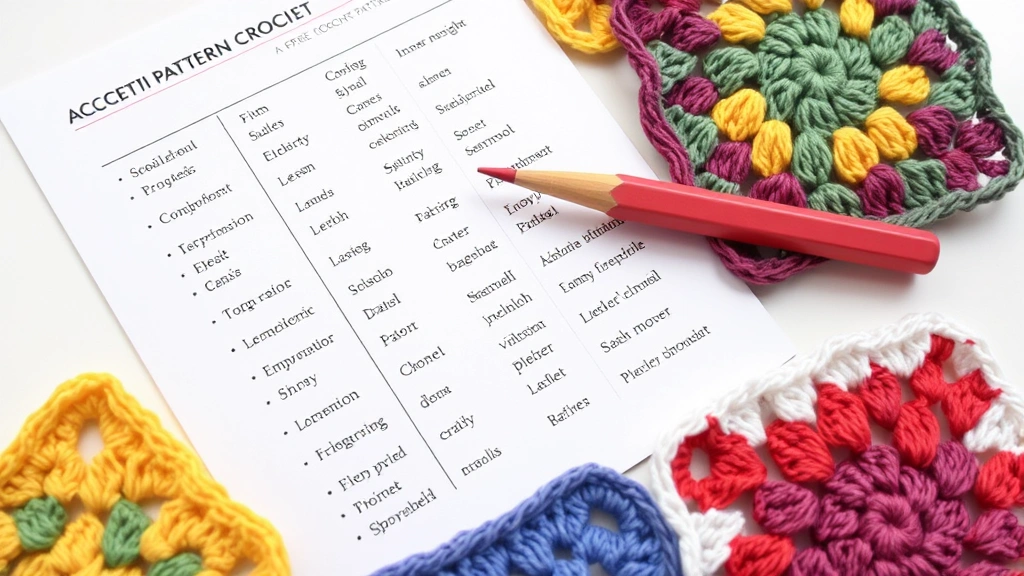 Close-up of crochet pattern abbreviations chart with pencil pointing to specific symbols, surrounded by partially completed granny square samples in various colors, clean background