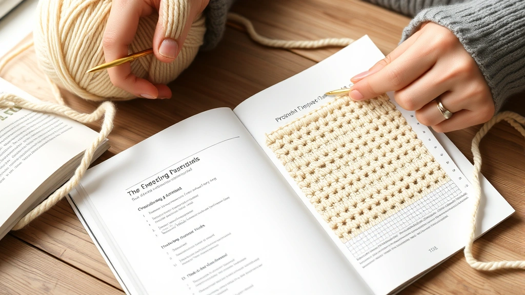 Hands working from crochet chart diagram while creating textured stitch pattern in cream colored yarn, pattern book open beside work, cozy crafting setup with natural light