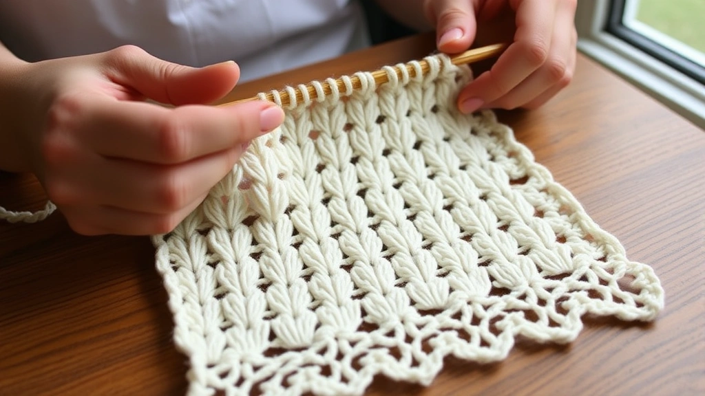 Close-up of hands working a shell stitch pattern in cream worsted yarn, natural window light, wooden table surface, partially completed rows showing scalloped edge detail