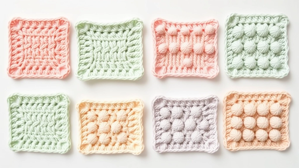 Flat lay of crochet swatches showing different texture patterns, moss stitch and bobble stitch samples in soft pastels, clean white background, organized grid layout