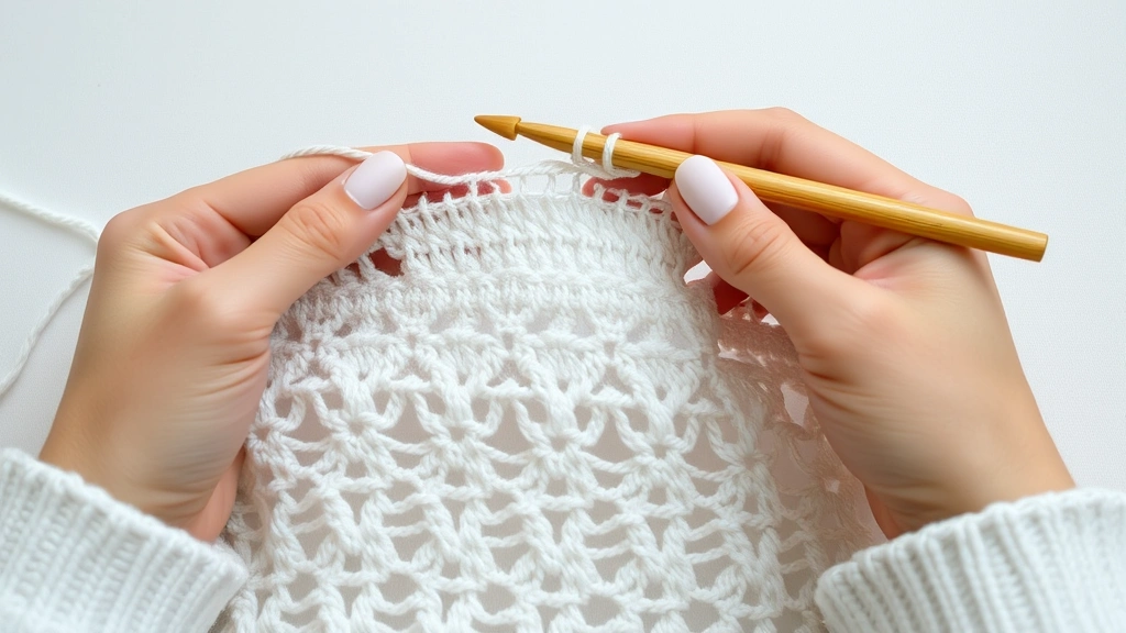 Hands crocheting a lace pattern with chain spaces, using bamboo hook with white cotton yarn, soft natural lighting, work in progress showing openwork design clearly