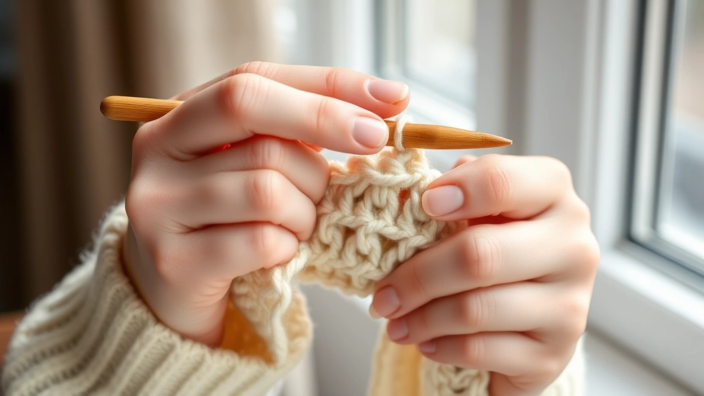 Close-up of hands demonstrating proper relaxed crochet grip with wooden hook, soft cotton yarn in cream color, natural window lighting, comfortable hand position visible