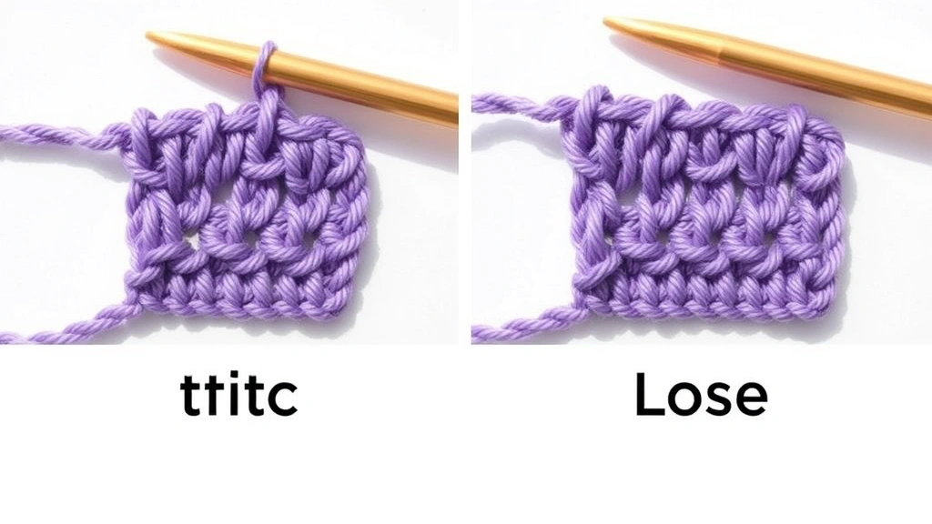 Side-by-side comparison of tight versus loose crochet stitches in worsted weight yarn, natural lighting, clean white background, texture differences clearly visible
