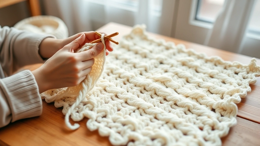 Hands crocheting cream colored worsted weight yarn with bamboo hook, half-finished baby blanket spread across wooden table, soft natural window lighting, cozy crafting setup visible