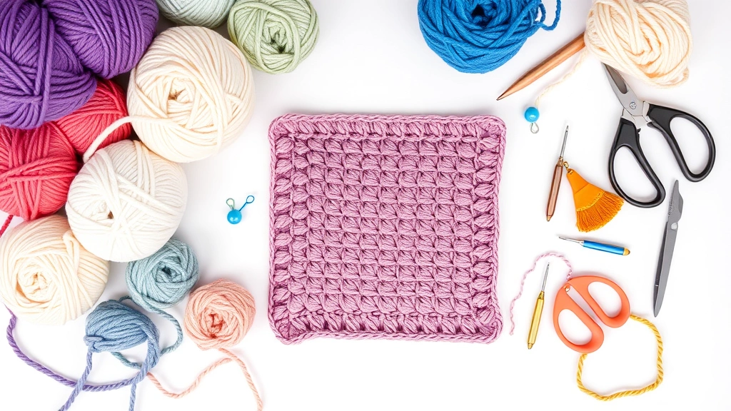 Overhead view of organized crochet supplies for blanket making, multiple yarn skeins in coordinating colors, various hook sizes, scissors, stitch markers on clean white surface