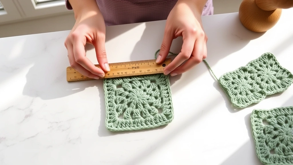 Hands measuring a sage green granny square with wooden ruler on white marble surface, natural window light, partially completed squares nearby, cozy crafting setup