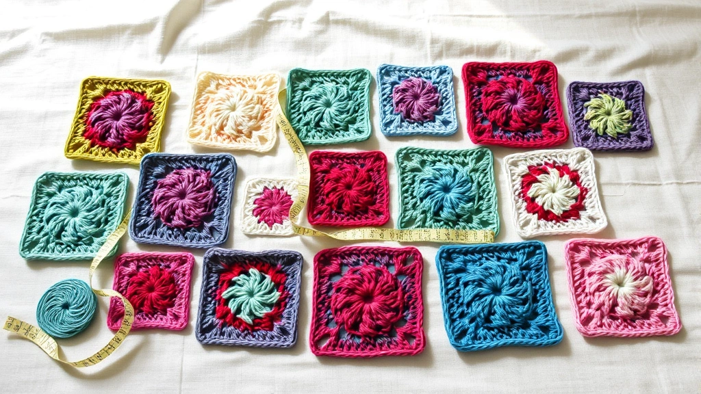 Collection of granny squares in various sizes arranged on cream linen fabric, different yarn weights visible, measuring tape draped across, soft natural lighting overhead