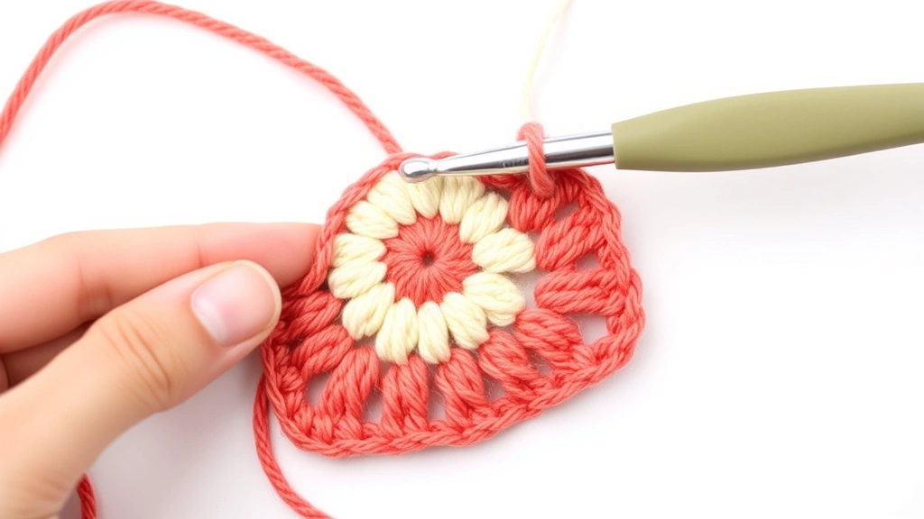 Close-up of aluminum crochet hook working corner of colorful granny square, worsted weight yarn in coral and cream, hands visible, clean white background