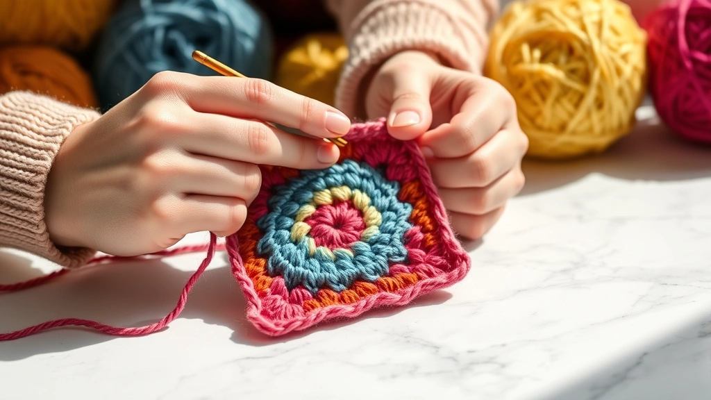 Close-up hands crocheting colorful granny square with wooden hook, bright natural lighting, white marble surface, yarn balls in background, work in progress visible