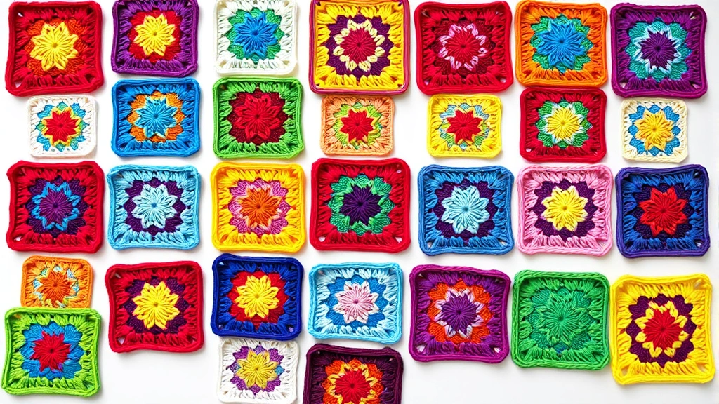 Collection of finished granny squares in rainbow colors laid flat, overhead view, clean white background, even spacing, showing different color combinations and patterns