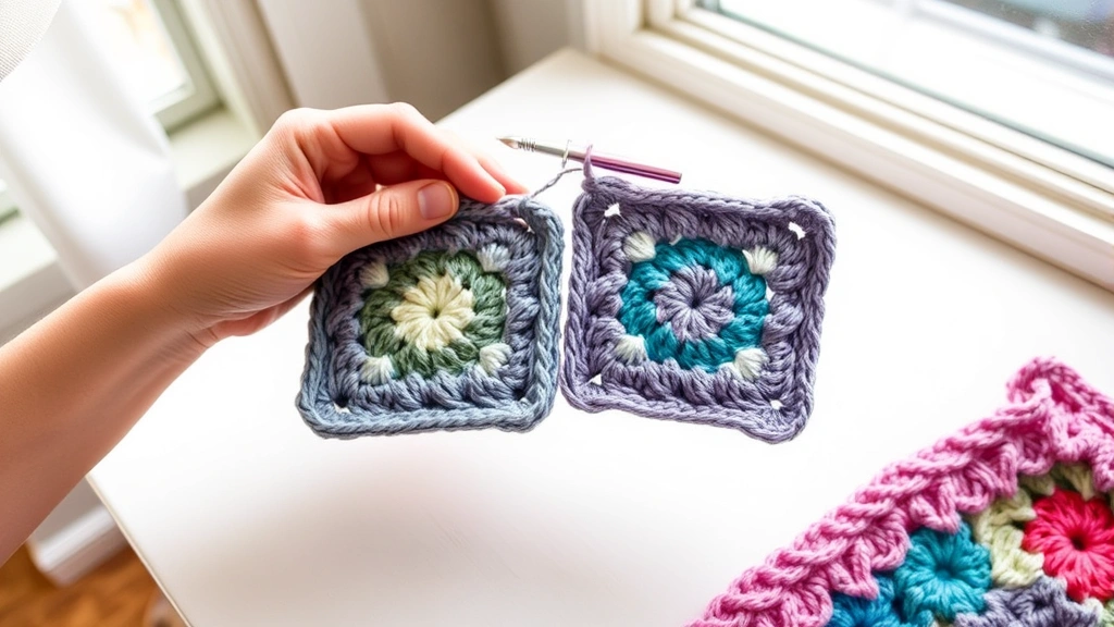 Hands joining two granny squares with whip stitch method, yarn needle visible, soft window light, crafting table setup, partially completed blanket edge shown