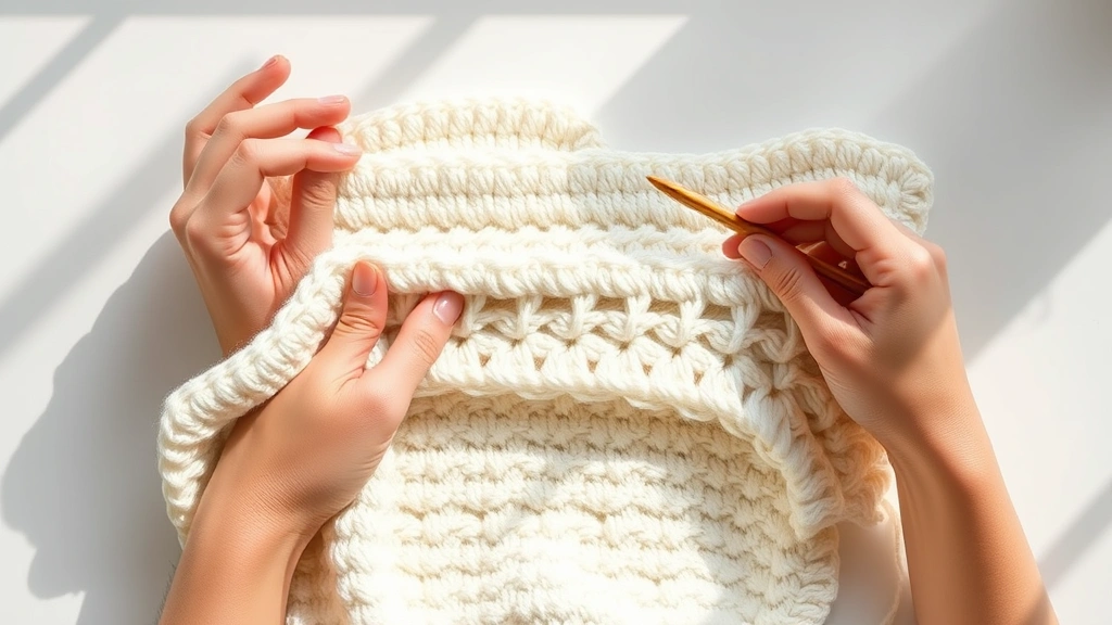 Overhead view of hands crocheting cream colored baby blanket with wooden hook, natural window light, clean white table, partially completed double crochet rows visible