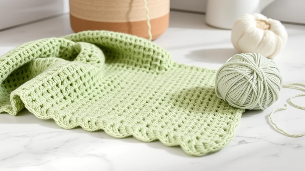 Close-up of sage green dishcloth in single crochet stitch lying on marble countertop, cotton yarn ball nearby, soft morning light, minimalist kitchen setting