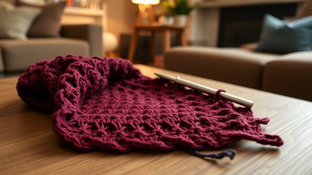 Cozy scene of burgundy worsted weight scarf in progress on wooden coffee table, aluminum crochet hook resting on fabric, warm lamp light, living room atmosphere