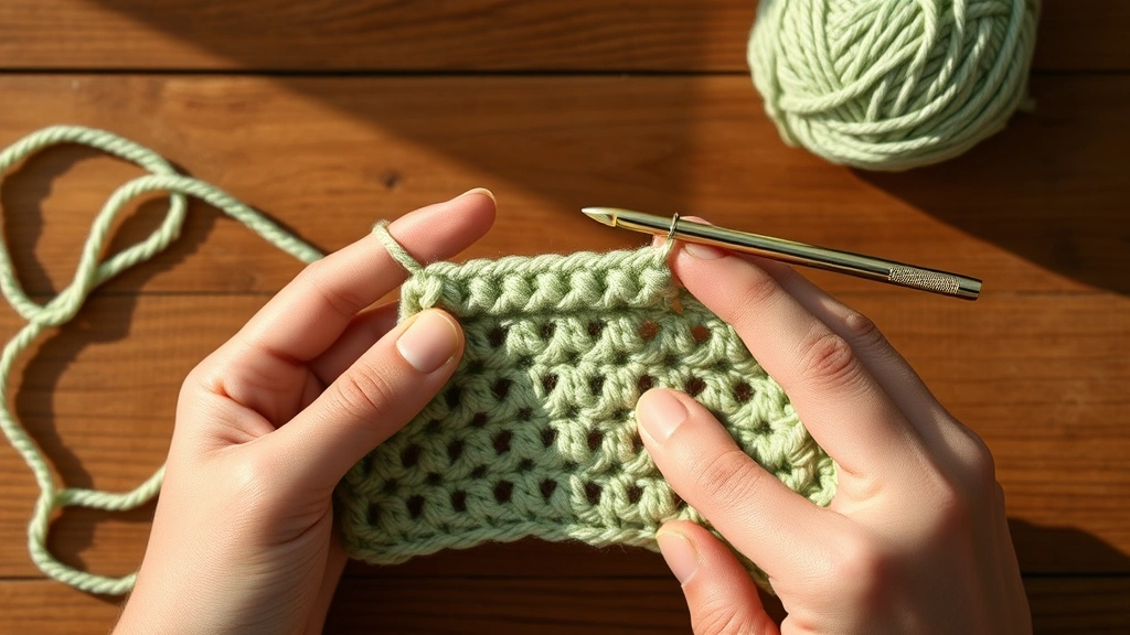 Side view of hands working single crochet stitches in sage green cotton yarn, showing proper hook insertion and yarn positioning, wooden table surface, warm afternoon light