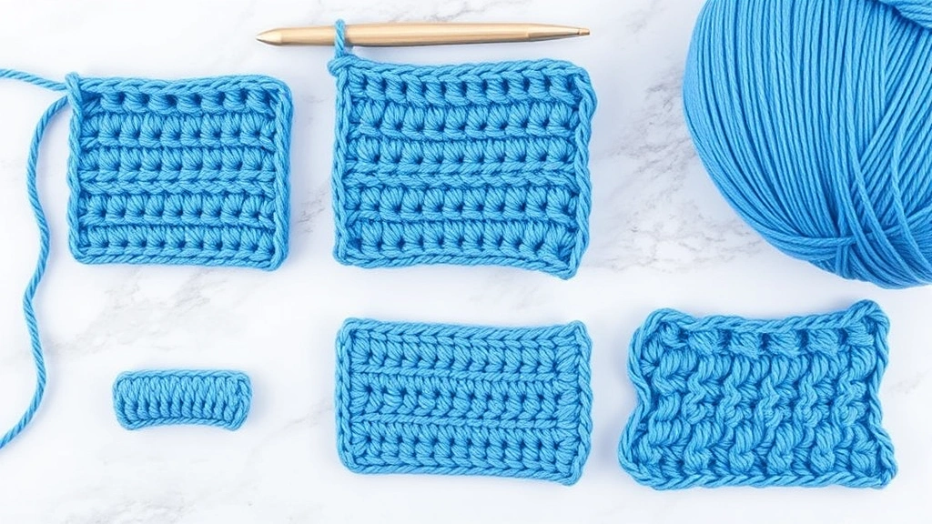 Overhead shot of completed stitch samples showing height comparison between single crochet, half double crochet, and double crochet in coordinating blue yarns, organized on marble surface