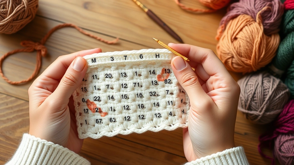 Close-up of hands holding crochet pattern with abbreviations highlighted, natural lighting, wooden table surface, colorful yarn skeins nearby, cozy crafting atmosphere