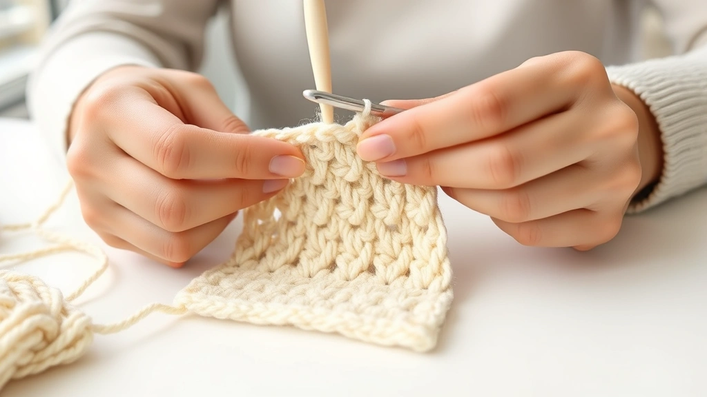 Close-up hands crocheting single crochet stitches in cream worsted yarn, ergonomic hook grip visible, natural window lighting, clean white table surface, even stitch formation