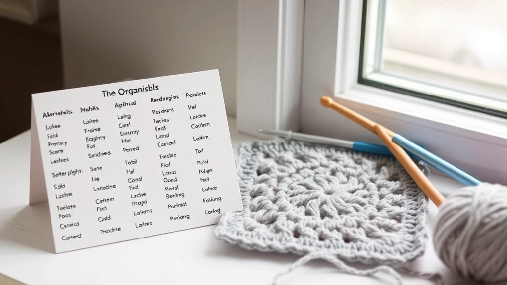 Organized crochet abbreviation reference card next to partially completed granny square project, soft window light, neutral background, hook and yarn visible