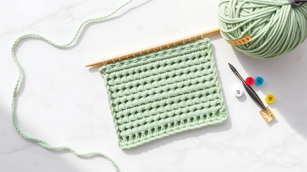 Overhead view of crochet gauge swatch in sage green cotton yarn, measuring tape and stitch markers placed nearby, bright natural lighting, marble countertop background