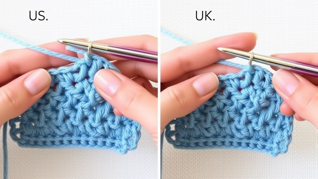Side-by-side comparison showing US versus UK crochet stitches in progress, clear stitch definition, natural lighting, hands demonstrating different techniques