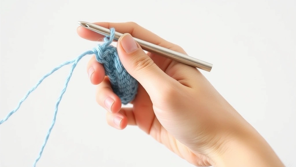 Side profile showing proper yarn tension technique, fingers controlling light blue yarn flow, aluminum crochet hook in motion, soft home lighting, focused on hand position