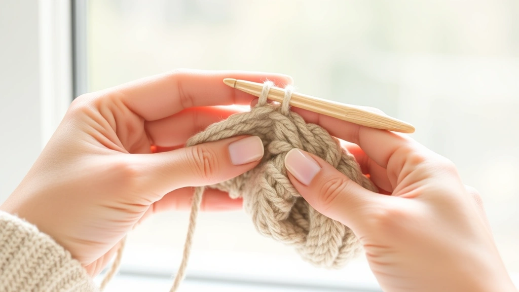 Close-up hands holding crochet hook and yarn showing proper tension technique, natural window lighting, clean white background, fingers relaxed and comfortable, worsted weight yarn
