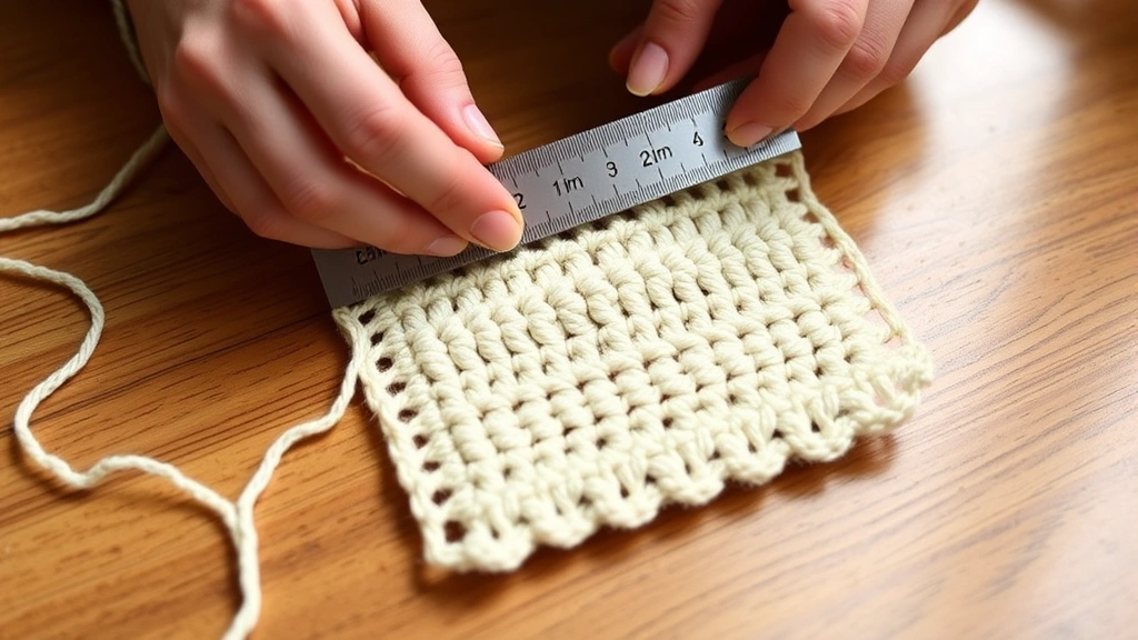 Close-up hands measuring crochet gauge swatch with metal ruler, cream colored worsted yarn, natural window light, wooden table surface, accurate measurement demonstration