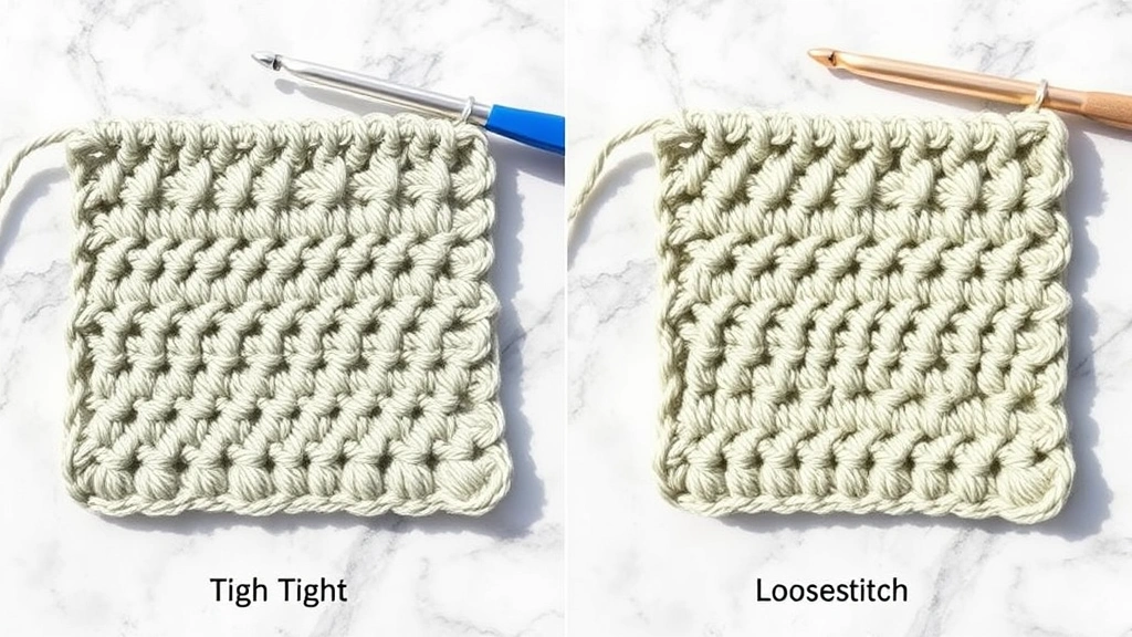 Side-by-side comparison of crochet swatches showing tight versus loose tension, natural daylight, marble surface, different stitch appearances clearly visible, no text or labels