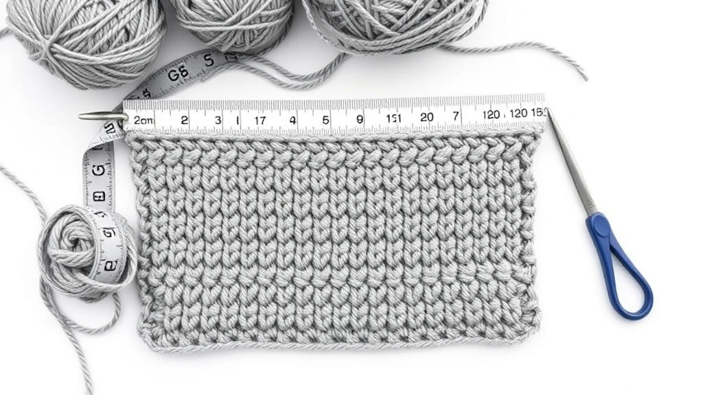 Overhead view of completed gauge swatch in soft gray yarn with measuring tape, crochet hook beside it, clean white background, professional crafting setup
