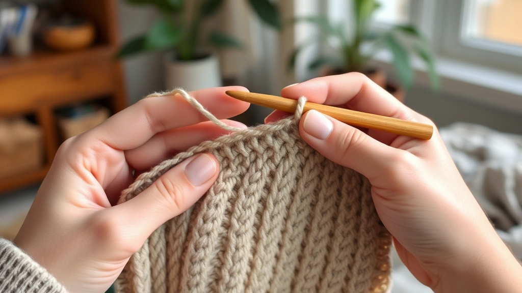 Hands working single crochet stitches with perfect tension, bamboo hook gliding smoothly through yarn, cozy home setting, soft afternoon light, partially completed project visible