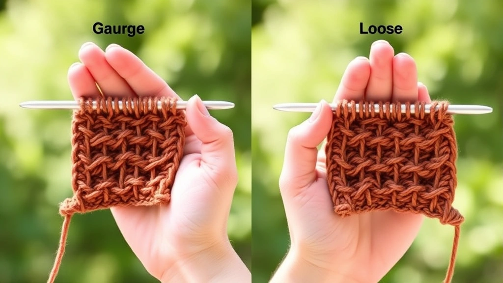 Side-by-side comparison of two gauge swatches different sizes, one tight one loose tension, hands holding both pieces, natural lighting, educational demonstration