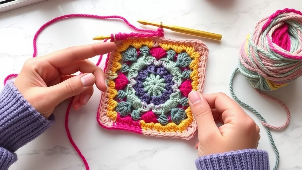 Hands crocheting a colorful granny square with worsted weight yarn, bamboo hook visible, natural window light, white marble table surface, partially completed square showing corner construction