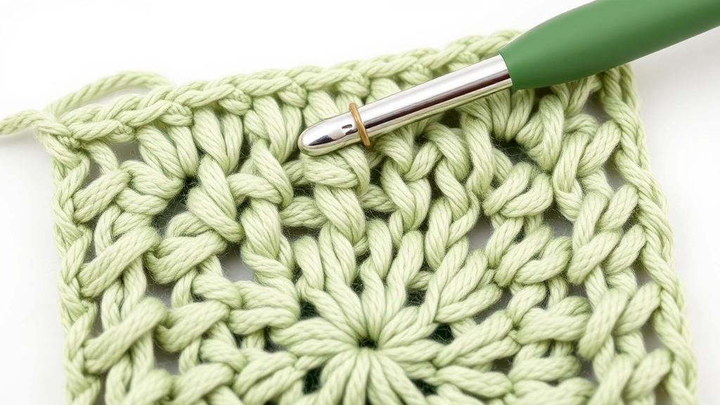 Close-up of crochet hook working into chain space of granny square, showing proper stitch placement technique, sage green yarn, clean white background, professional macro photography