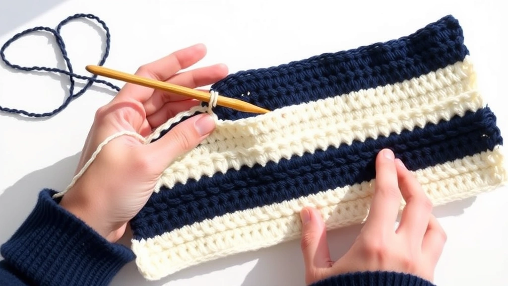 Hands crocheting striped dishcloth with navy and cream yarn, wooden hook, clean white table surface, partially completed rows showing clean color transitions, natural daylight