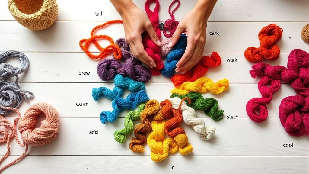 Hands arranging colorful yarn skeins in color wheel pattern on white wooden table, natural window light, showing warm and cool color families, crafting workspace atmosphere