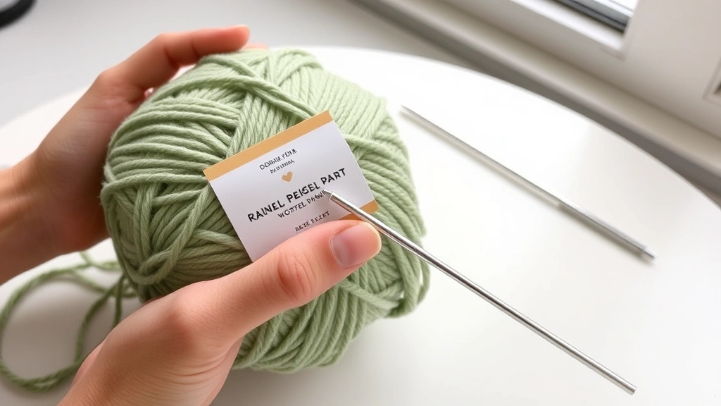 Hands holding sage green worsted yarn and silver aluminum hook, natural window light, clean white table, yarn label visible showing weight and hook size recommendations