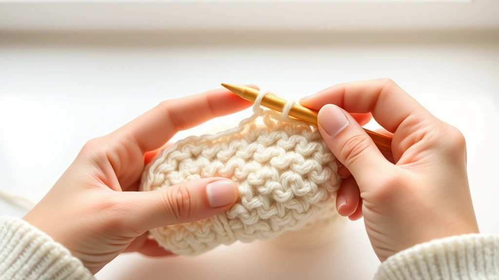 Close-up hands demonstrating proper crochet hook pencil grip with worsted weight cream yarn, natural window lighting, clean white surface, relaxed finger position visible