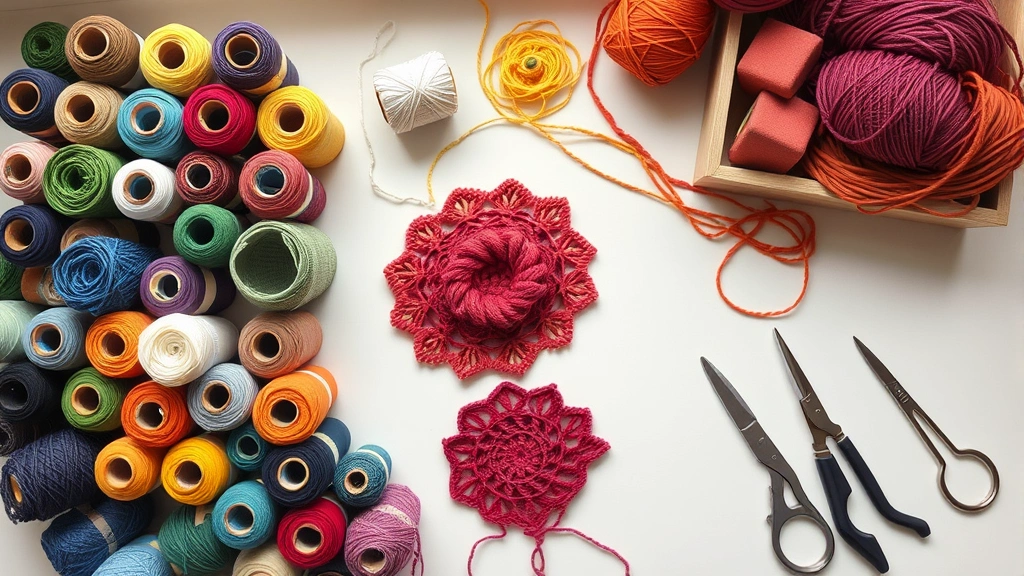 Overhead view of organized yarn bobbins in multiple colors for intarsia work, crochet project in progress, neat workspace with tools arranged, soft natural lighting