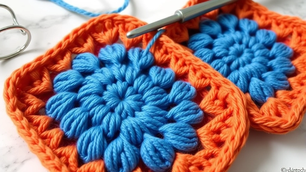 Close-up of granny squares in complementary colors blue and orange being joined together, crochet hook visible, soft natural lighting, marble surface background